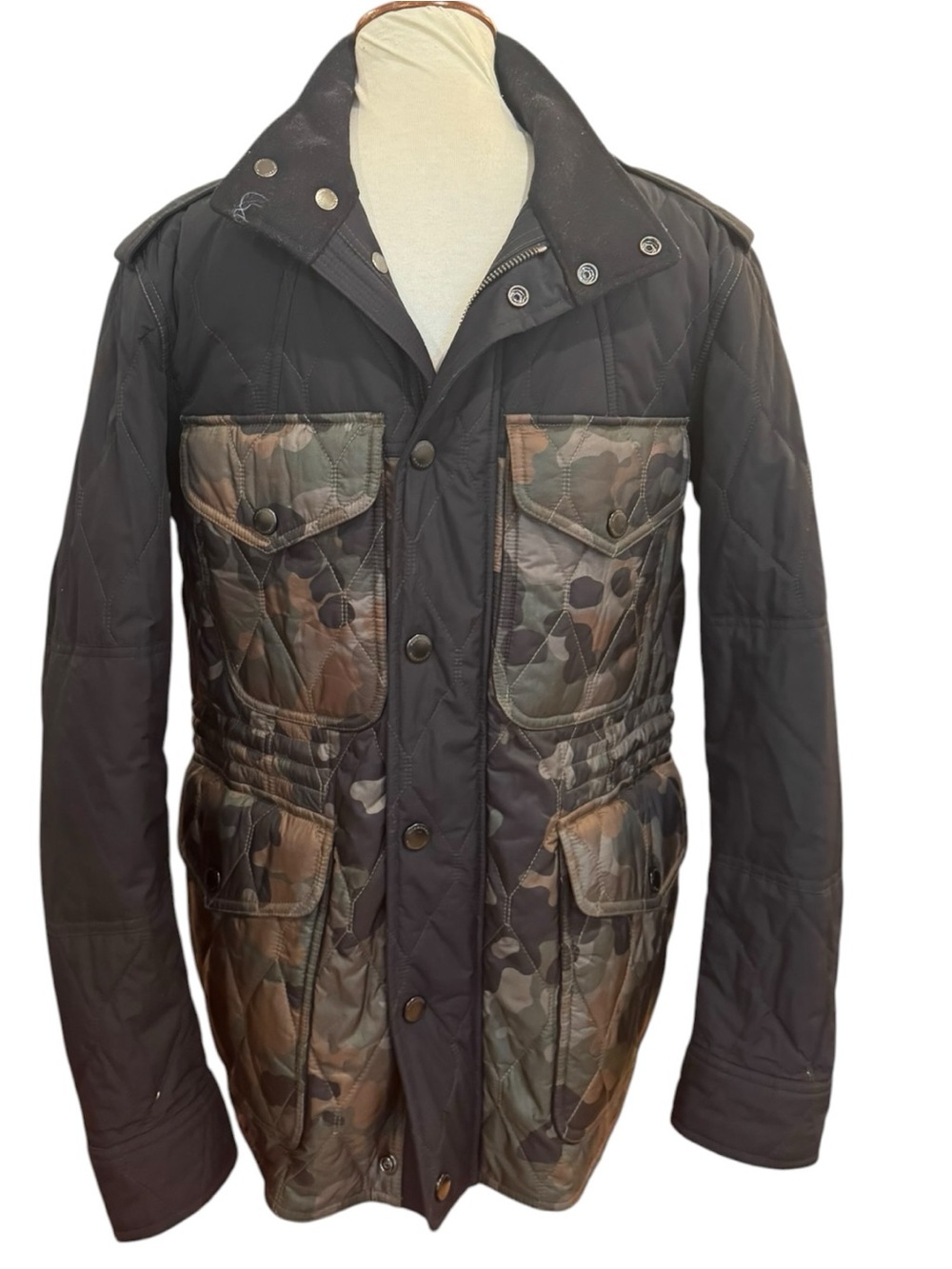 Vintage Burberry Black Jacket with Olive Green Camouflage Panels